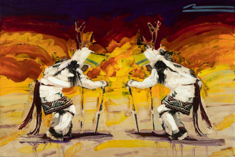 Appraisal: Mateo Romero Cochiti b Deer Dancers acrylic on panel signed