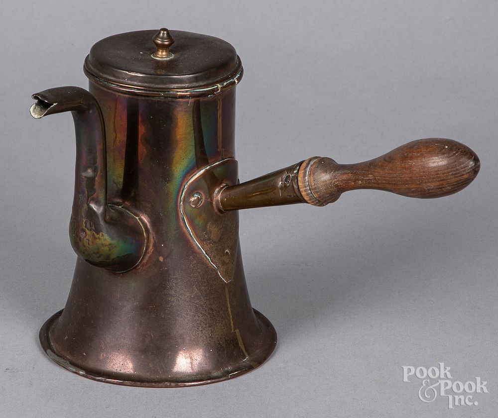 Appraisal: Dovetailed copper chocolate pot th c Dovetailed copper chocolate pot