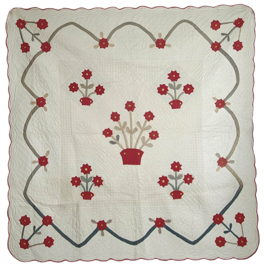 Appraisal: FINE APPLIQUED FLOWER QUILT Mid th Century Central pot of