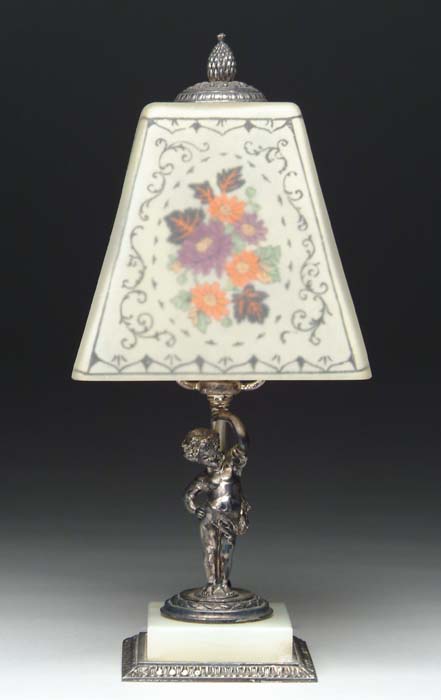 Appraisal: PAIRPOINT BOUDOIR LAMP Four sided reverse painted shade commonly referred