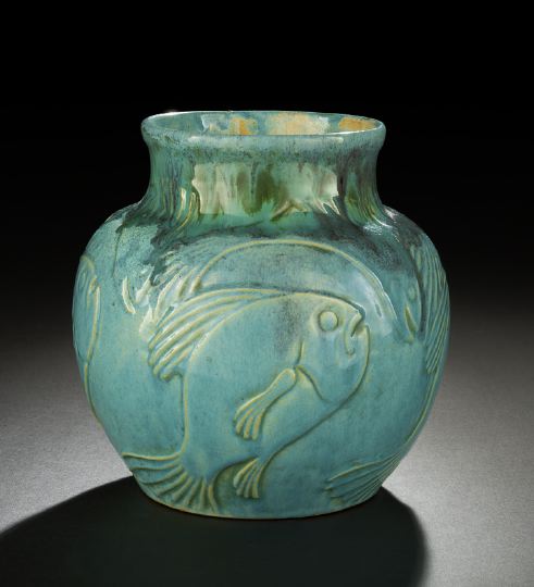 Appraisal: Good Shearwater Pottery Cast Vase in turquoise drip-glazed carved Fish