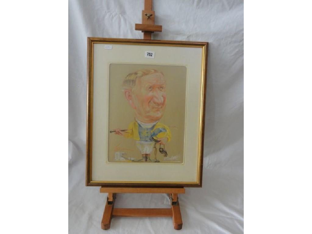 Appraisal: A pastel caricature of a jokey in blue and yellow