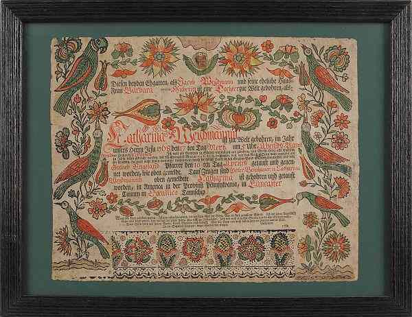 Appraisal: Ephrata Cloister printed and hand colored fraktur birth certificate dated