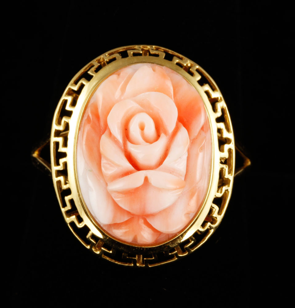 Appraisal: - K Gold and Carved Coral Ring K yellow gold