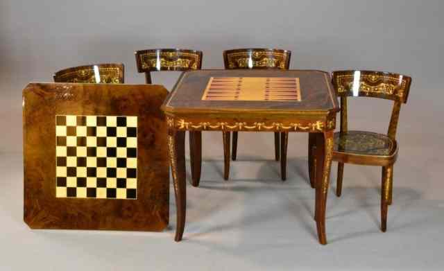 Appraisal: PCS ITALIAN MULTI-PURPOSE GAMING TABLEStriking intricately-designed gaming table and four