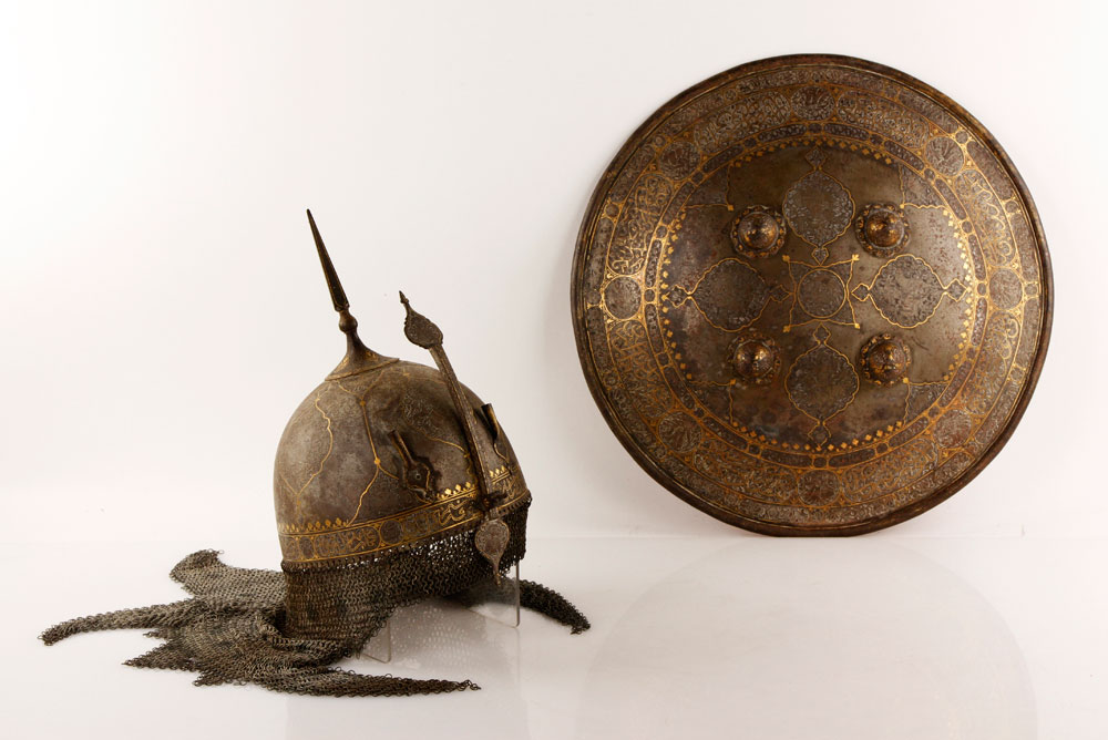 Appraisal: - th C Persian Shield and Helmet th century Persian