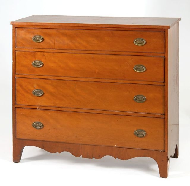 Appraisal: HEPPLEWHITE FOUR-DRAWER CHEST Circa In flaming birch with acorn brasses