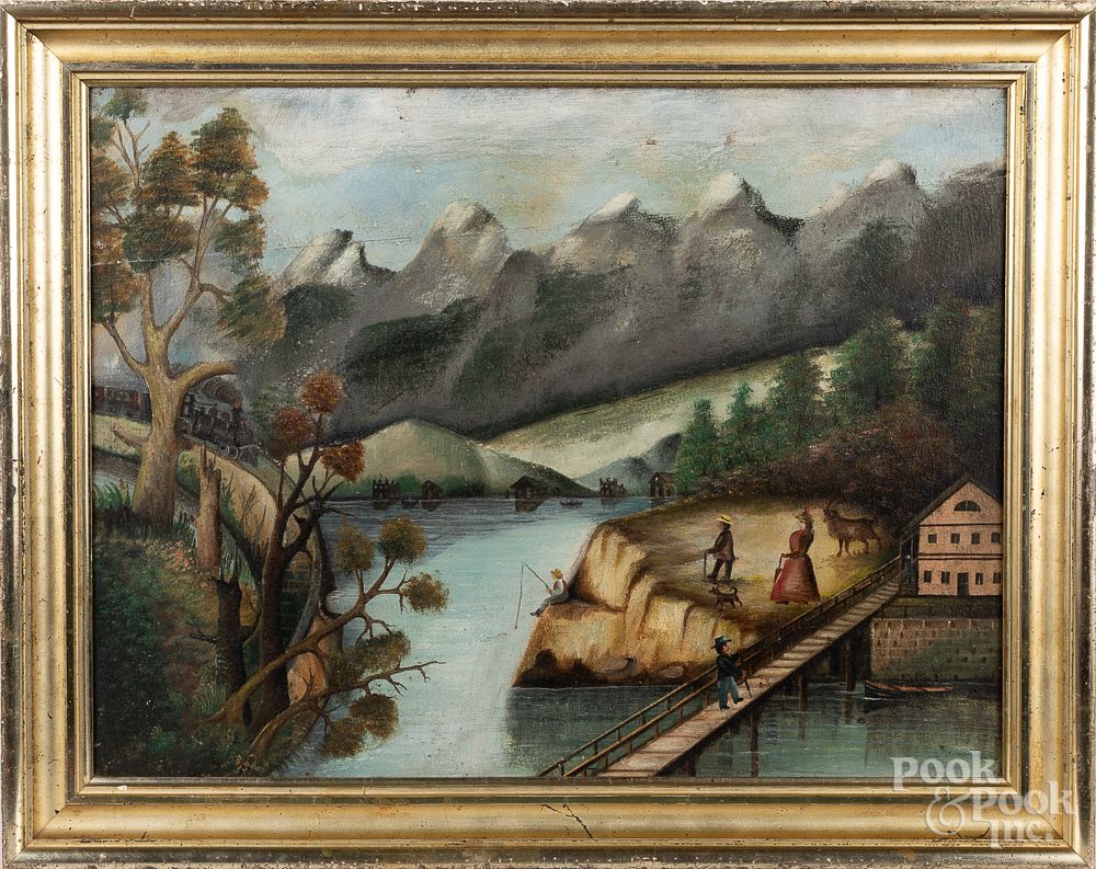 Appraisal: Primitive oil on canvas river landscape Primitive oil on canvas