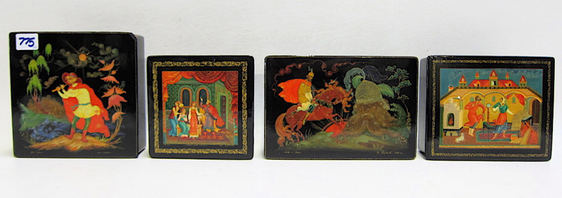 Appraisal: FOUR RUSSIAN LACQUERED AND HAND PAINTED BOXES signed by artists