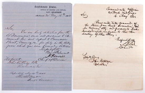 Appraisal: Documents Lt John Rutledge Naval orders from Sidney Smith Lee