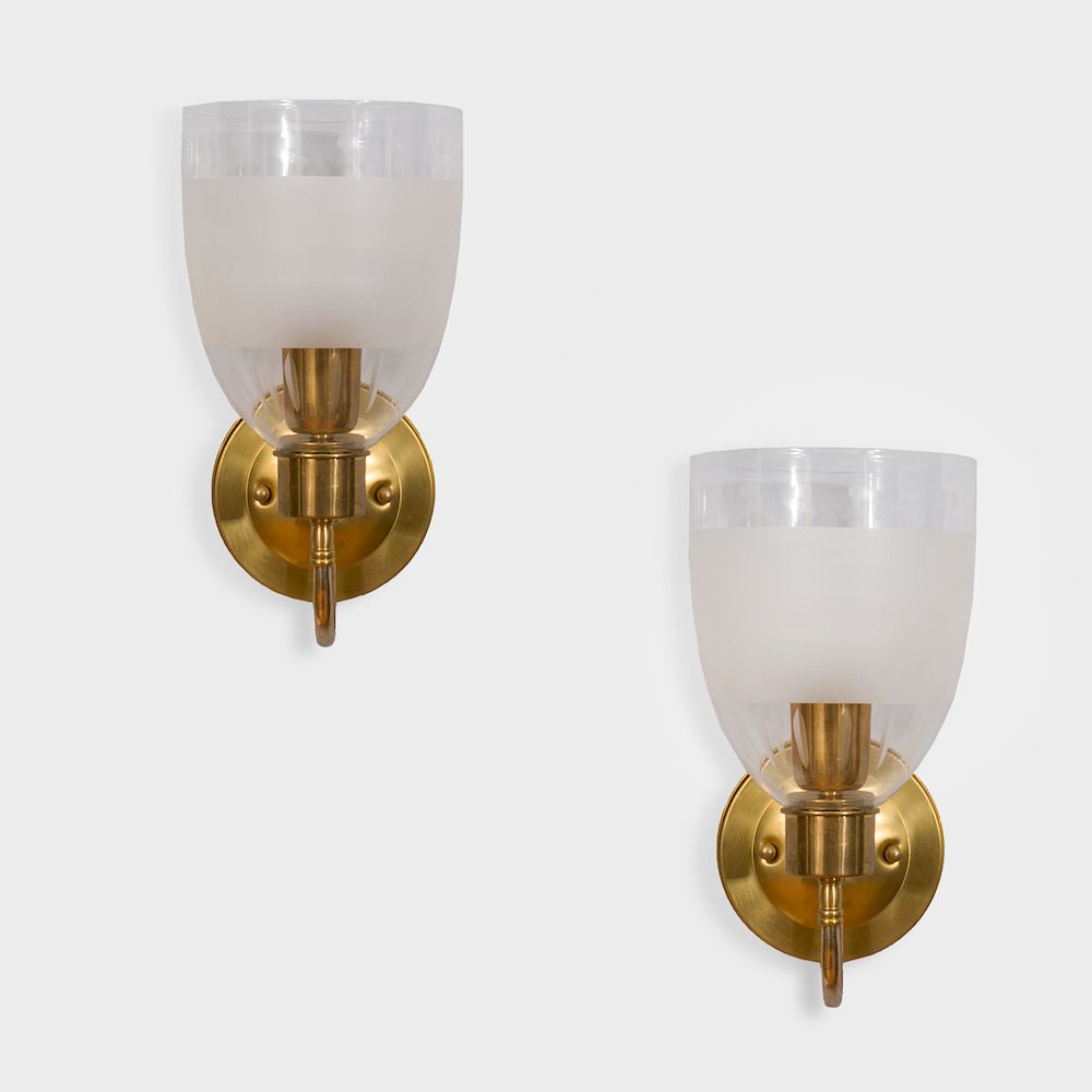 Appraisal: Pair of Brass and Frosted Glass Sconces x x in