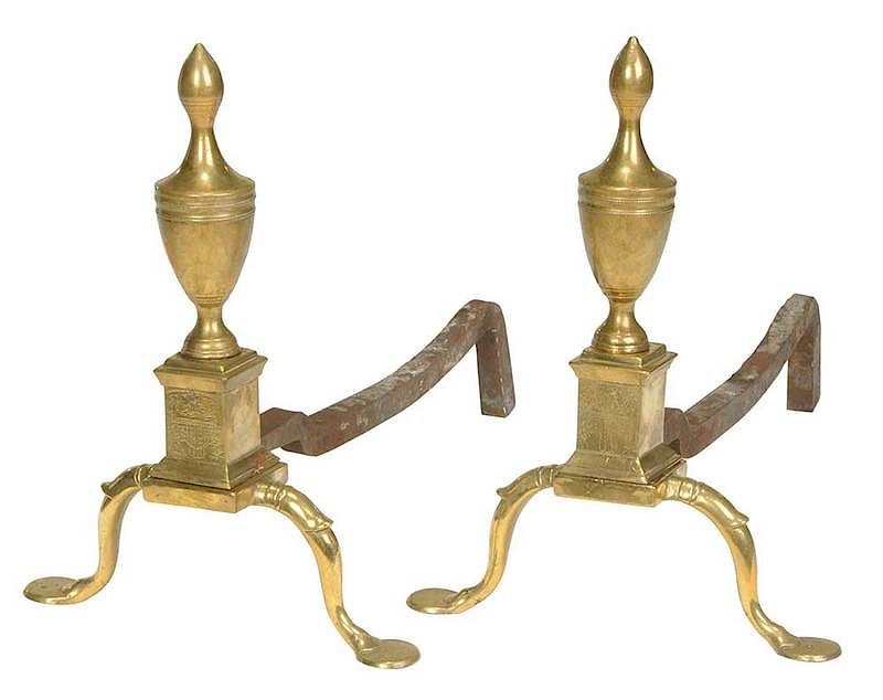 Appraisal: Pair Federal Eagle Engraved Brass Andirons American - with engraved