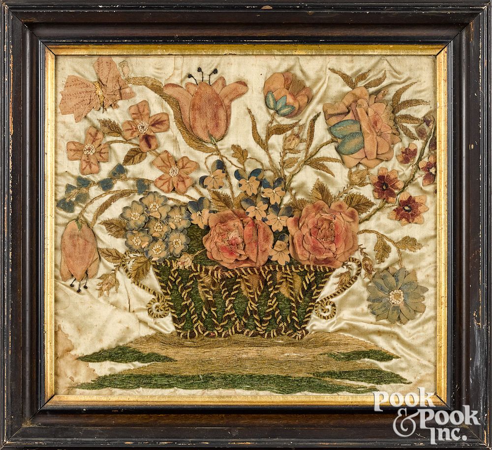 Appraisal: Embroidery of a basket of flowers Felt and chenille embroidery