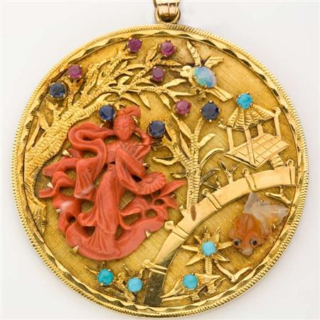 Appraisal: Large Gold Carved Coral and Colored Stone Disc Pendant Estimate