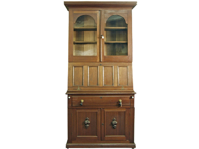 Appraisal: Walnut drop front secretary with upper bookcase features arched top