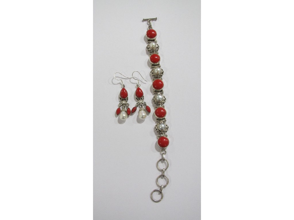 Appraisal: Silver coral and pearl set bracelet and a pair of