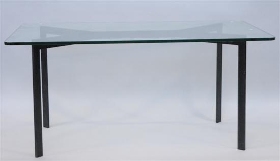 Appraisal: GLASS TOP IRON DINING TABLE Mid century solid stretchered base