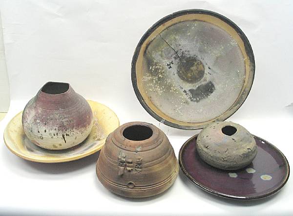 Appraisal: Three art pottery chargers and three jars The first group