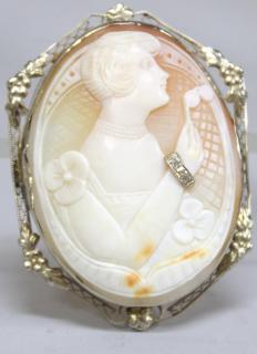 Appraisal: s Shell Cameo with Diamonds in K Gold Bezel The