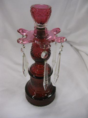 Appraisal: Bohemian Cranberry Glass Mantle Lustre etched floral clear teardrop prisms