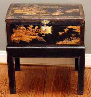 Appraisal: CHINESE BLACK LACQUER JEWEL CHEST STAND H L D A