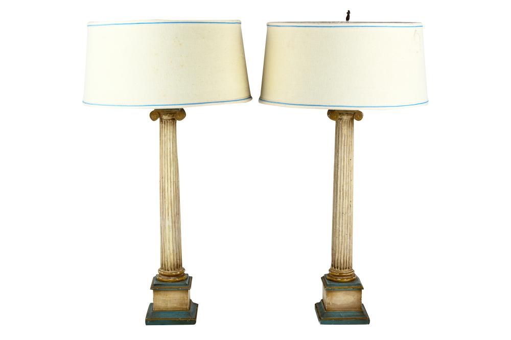 Appraisal: PAIR OF PAINTED WOOD COLUMN LAMPSCondition with chips and paint