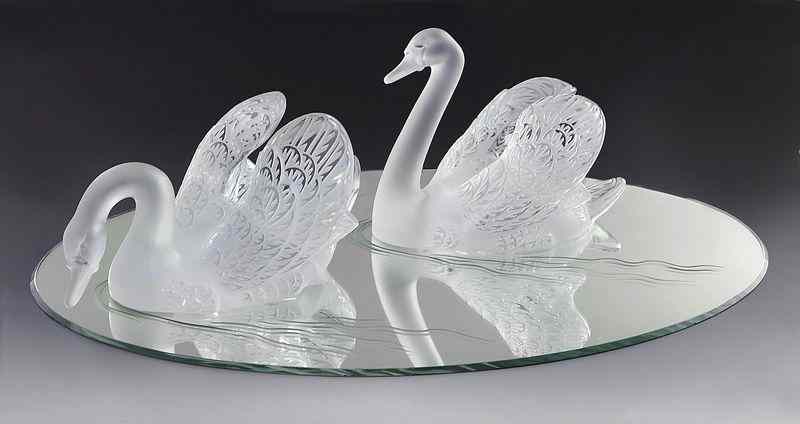 Appraisal: Lalique ''Miroir Cygnes'' clear and frosted glasscenterpiece the two frosted