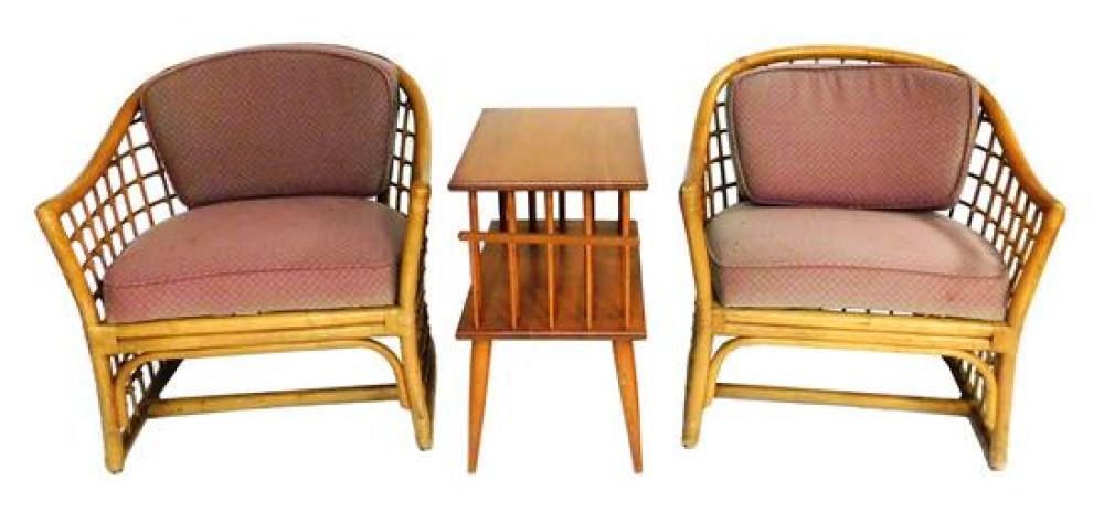 Appraisal: Mid-century style magazine rack and pair of rattan lounge chairs