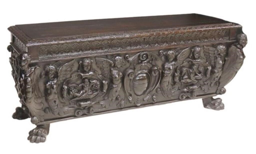 Appraisal: Italian Renaissance cassone th c rectangular hinged lid with carved