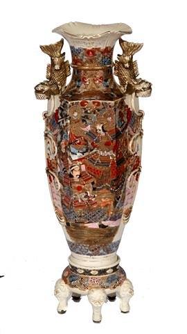 Appraisal: A LARGE JAPANESE SATSUMA HEXAGONAL VASE with fish handles and