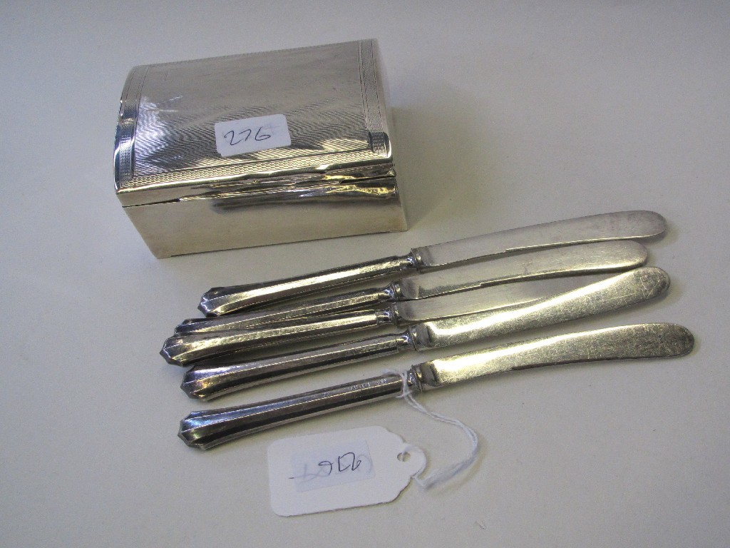 Appraisal: Lot comprising silver cigarette box and five silver handled knives