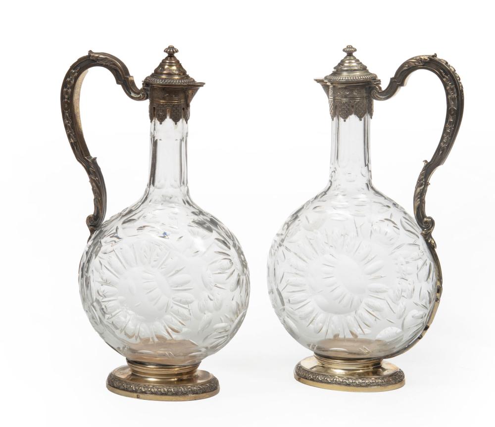 Appraisal: Pair of French Silver Gilt-Mounted Cut Glass Claret Jugs late