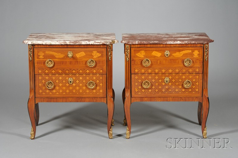 Appraisal: Pair of Louis XV XVI Style Marquetry and Parquetry Inlaid