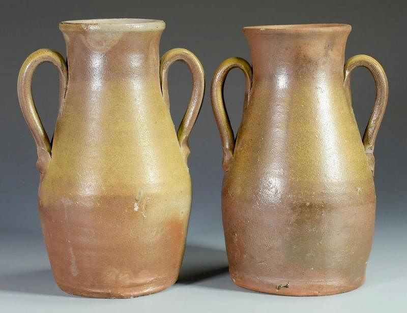 Appraisal: Middle TN -Handled Pottery Jars or Urns Two nearly matching