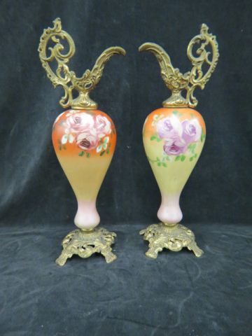 Appraisal: Pair of Victorian Mantle Ewers handpainted rose design on milk