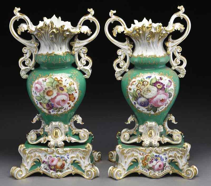 Appraisal: Pr French Jacob Petit rococo green porcelainvases with finely painted