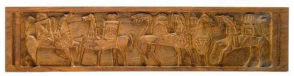 Appraisal: An Evelyn Ackeman carved redwood relief panel Riders for ERA