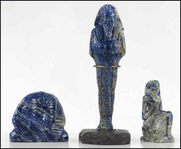 Appraisal: THREE EGYPTIAN STYLE LAPIS CARVINGS Tallest '' Condition No Specific