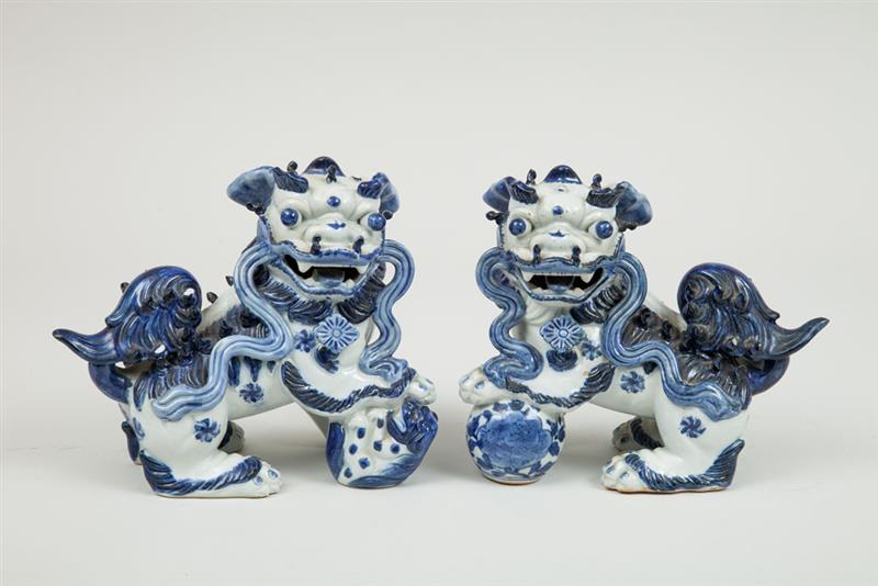 Appraisal: Pair of Chinese Blue and White Porcelain Fu Dogs th