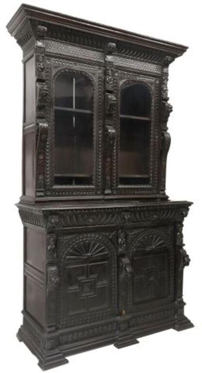 Appraisal: English heavily carved ebonized oak sideboard th c molded cornice