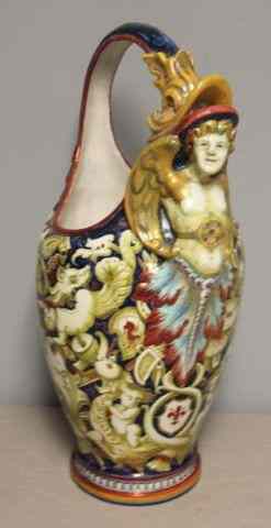 Appraisal: Antique Italian Cantagalli Faience Basket FormVase Depicting cherubs dragons and