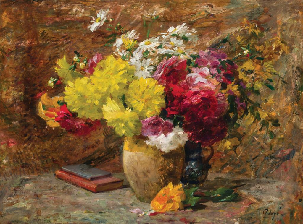 Appraisal: JEAN CHALEYE French - Chrysanthemums in an Earthenware Pot oil