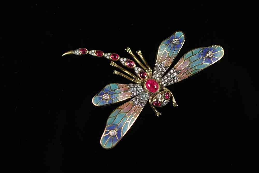 Appraisal: BROOCH - One K yellow gold ruby and diamond plique-a-jour