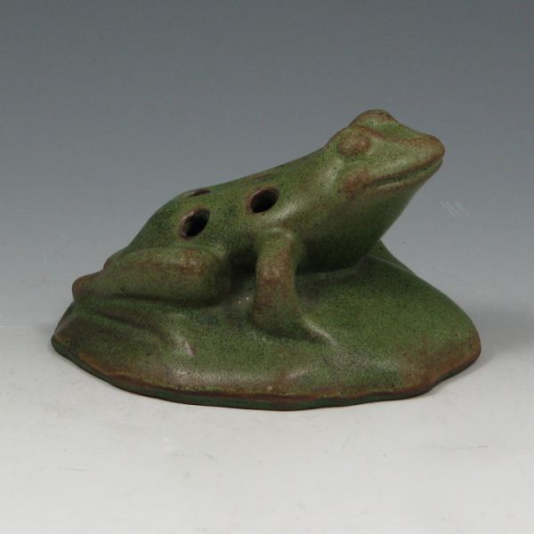 Appraisal: Matte green Zaneware frog flower holder Marked with impressed ZPCo