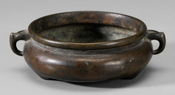 Appraisal: Bronze Tripod Censer Chinese th century brown patina with blackened