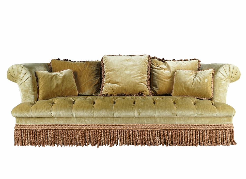 Appraisal: SILK VELVET UPHOLSTERED SOFAmanufacturer unknown with tufted seat fringe skirt