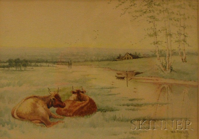 Appraisal: American School th Century Cows Resting by a River Signed