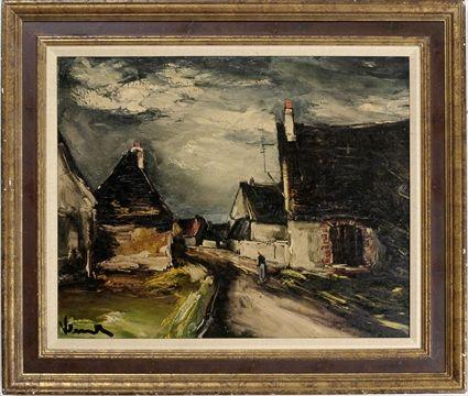 Appraisal: After Valminick Landscape with Farmhouses Reproduction print on canvas with