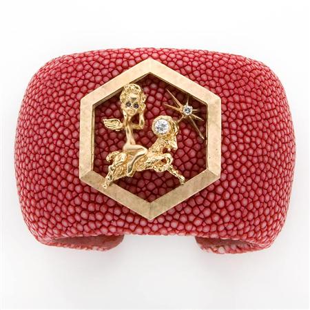 Appraisal: Pink Shagreen Gold Diamond and Sapphire Cuff Bangle Bracelet Estimate