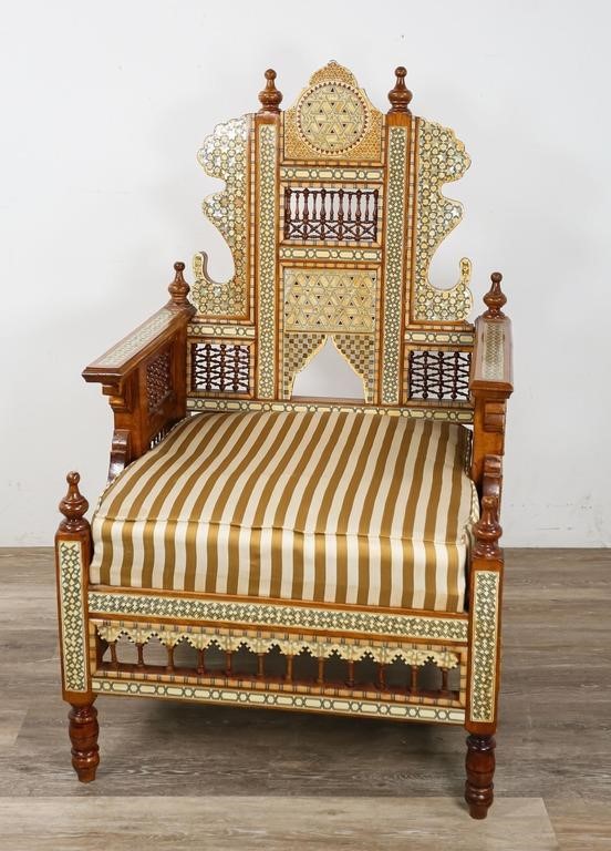 Appraisal: Moorish style inlaid throne chair Egyptian th Century Carved wood